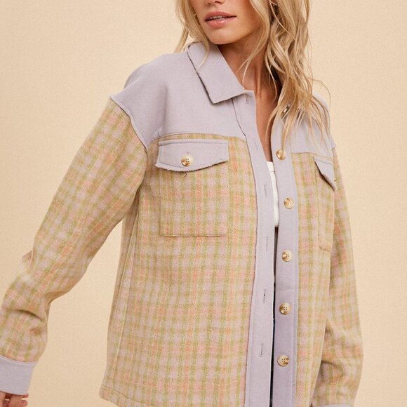 HEM & THREAD Plaid Shacket, Pastel Lilac & Beige, Oversized Button Down Jacket - Picture 4 of 6